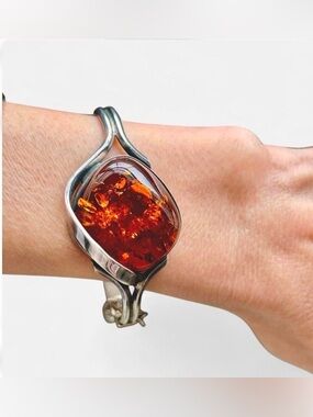Oversized Baltic Amber & Sterling Silver Modernist Cuff Bracelet (Vtg)